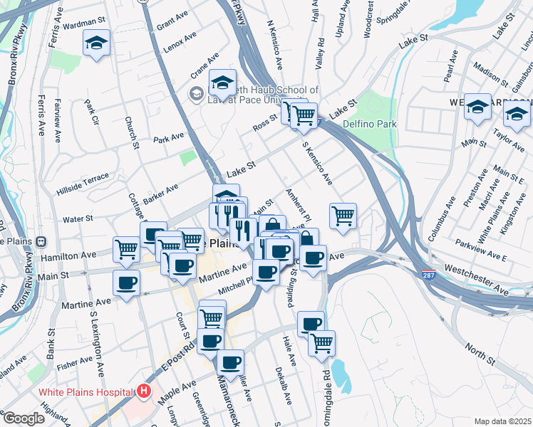 map of restaurants, bars, coffee shops, grocery stores, and more near 300 Main Street in White Plains