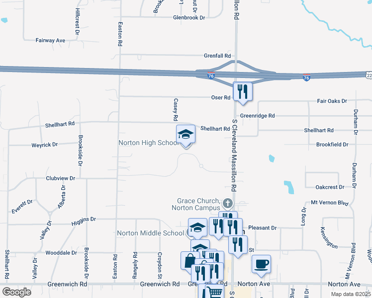 map of restaurants, bars, coffee shops, grocery stores, and more near 1 Panther Way in Norton