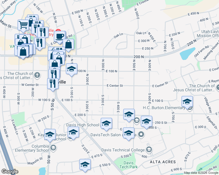 map of restaurants, bars, coffee shops, grocery stores, and more near 45 South 300 East in Kaysville
