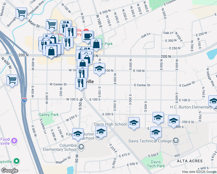 map of restaurants, bars, coffee shops, grocery stores, and more near 62 South 200 East in Kaysville