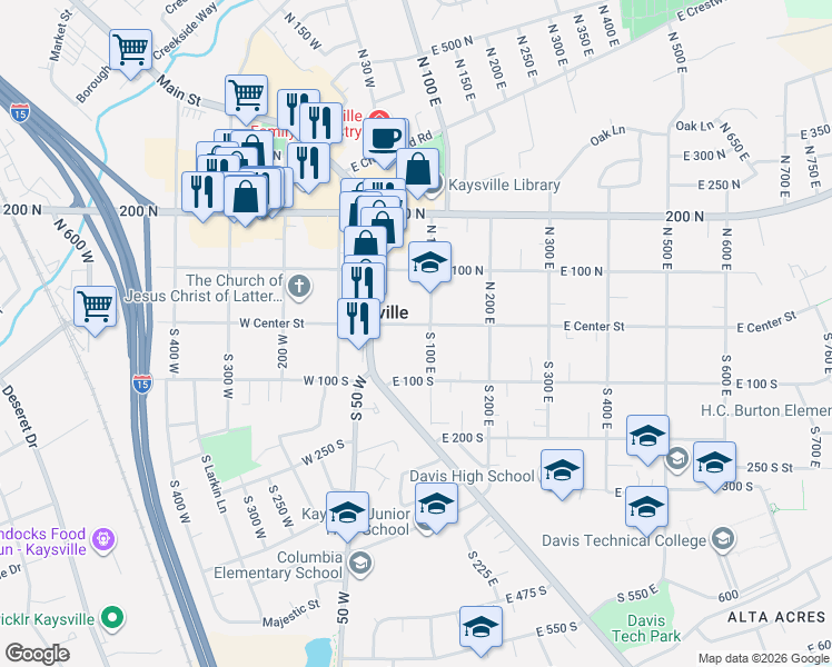 map of restaurants, bars, coffee shops, grocery stores, and more near 80 East Center Street in Kaysville