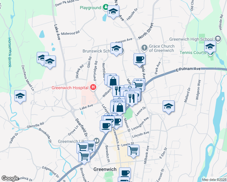 map of restaurants, bars, coffee shops, grocery stores, and more near 58 Church Street in Greenwich