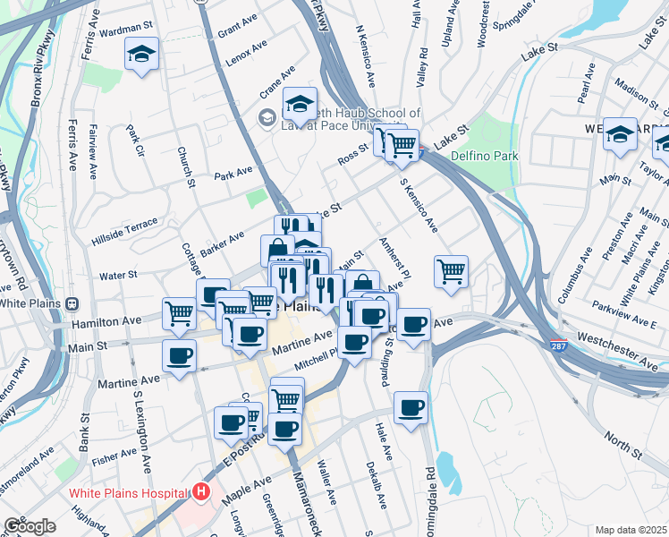 map of restaurants, bars, coffee shops, grocery stores, and more near in White Plains