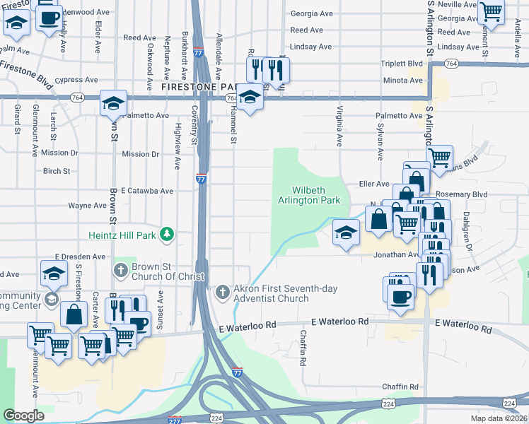 map of restaurants, bars, coffee shops, grocery stores, and more near 721 Thoreau Avenue in Akron