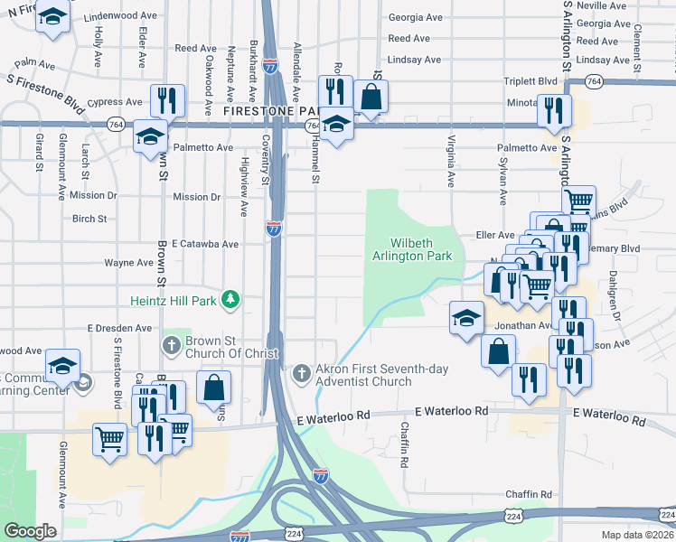 map of restaurants, bars, coffee shops, grocery stores, and more near 681 Thoreau Avenue in Akron