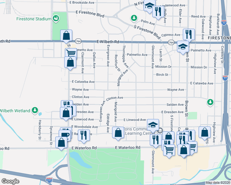 map of restaurants, bars, coffee shops, grocery stores, and more near 1778 Marigold Avenue in Akron