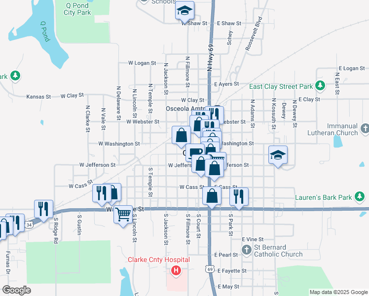 map of restaurants, bars, coffee shops, grocery stores, and more near 120 South Fillmore Street in Osceola