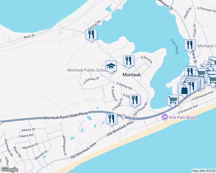 map of restaurants, bars, coffee shops, grocery stores, and more near 25 South Dewitt Place in Montauk