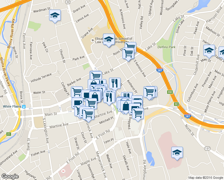 map of restaurants, bars, coffee shops, grocery stores, and more near in White Plains