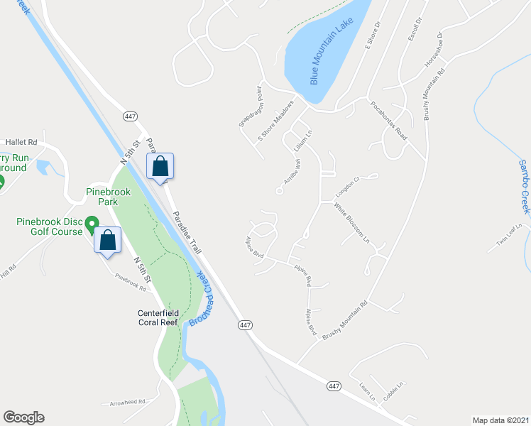 map of restaurants, bars, coffee shops, grocery stores, and more near 1724 Lermoos Court in East Stroudsburg