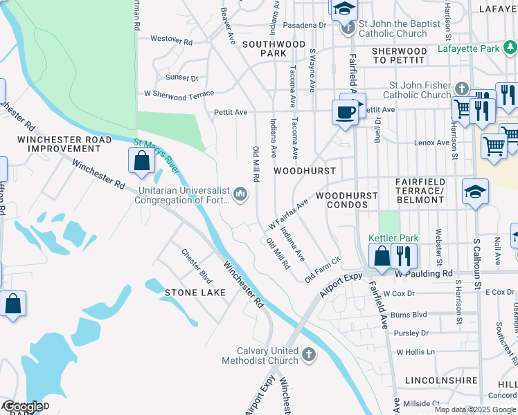 map of restaurants, bars, coffee shops, grocery stores, and more near 5311 Old Mill Road in Fort Wayne