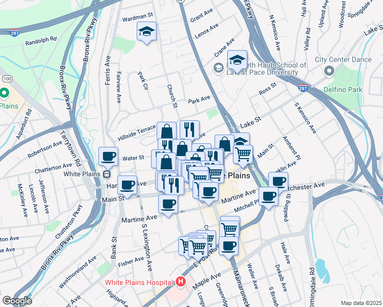 map of restaurants, bars, coffee shops, grocery stores, and more near 99 Church Street in White Plains