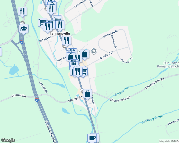 map of restaurants, bars, coffee shops, grocery stores, and more near 246 Learn Road in Tannersville