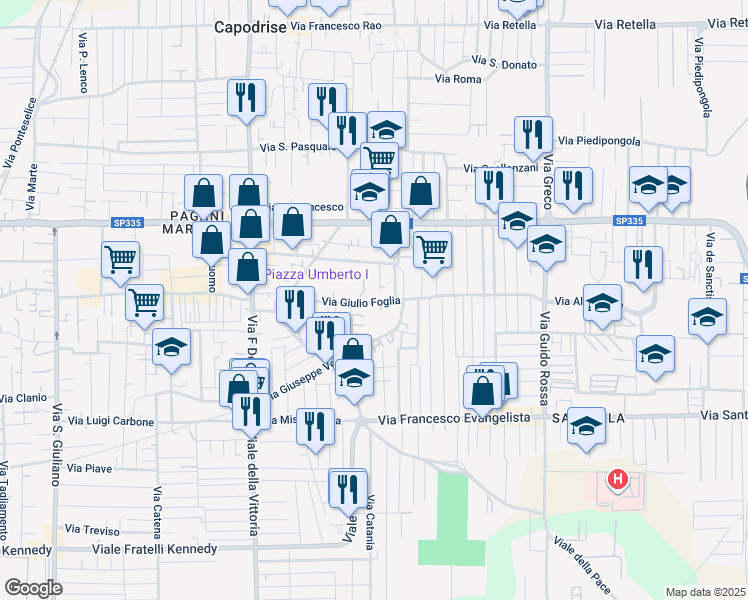 map of restaurants, bars, coffee shops, grocery stores, and more near 95 Via Giuseppe Verdi in Marcianise