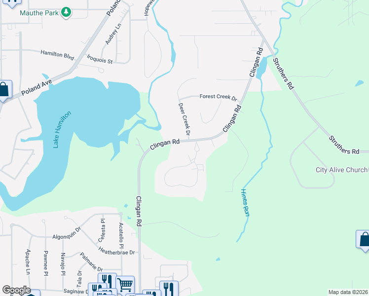map of restaurants, bars, coffee shops, grocery stores, and more near 5655 Clingan Road in Struthers