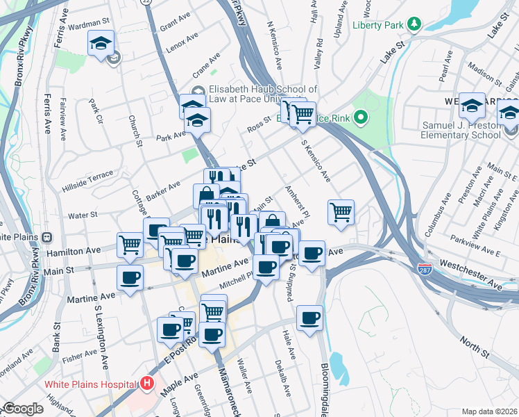 map of restaurants, bars, coffee shops, grocery stores, and more near Main Street in White Plains