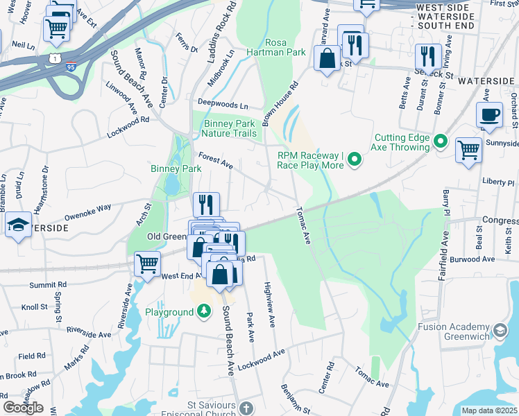 map of restaurants, bars, coffee shops, grocery stores, and more near 122 Tomac Avenue in Greenwich
