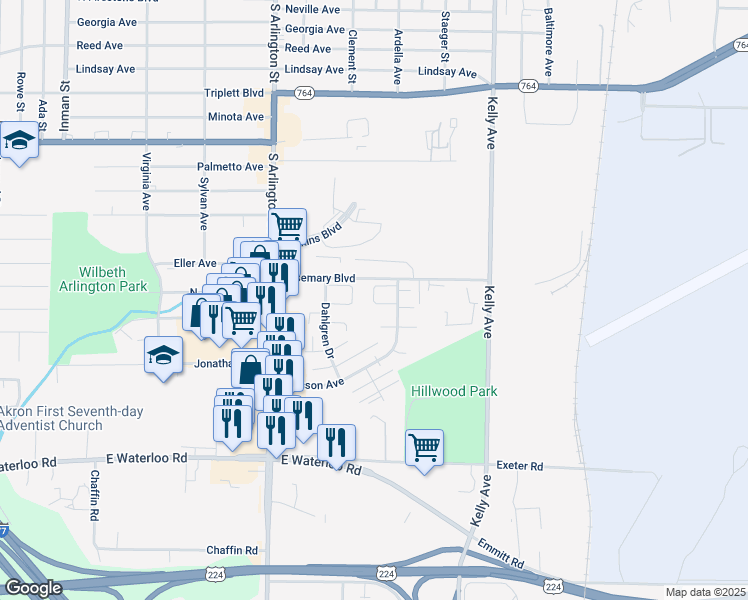 map of restaurants, bars, coffee shops, grocery stores, and more near 1083 Cumberland Drive in Akron