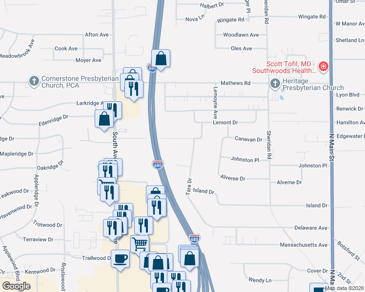 map of restaurants, bars, coffee shops, grocery stores, and more near 6328 Tara Drive in Poland