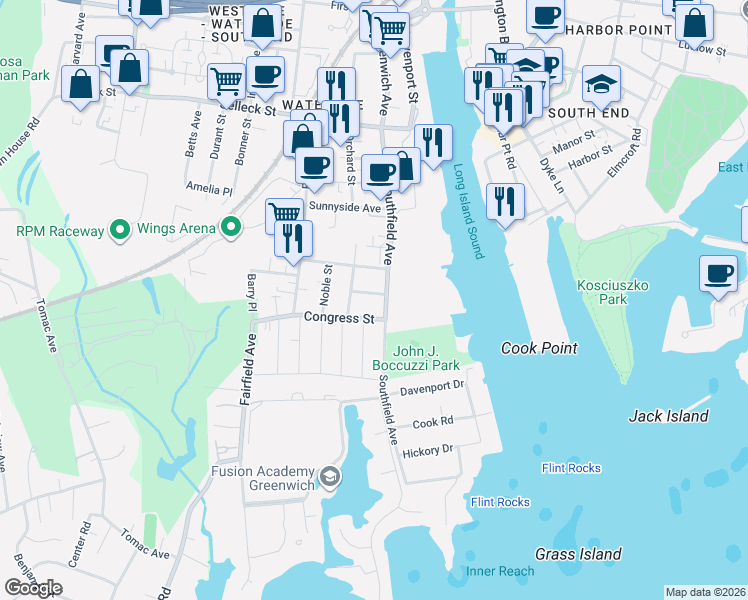 map of restaurants, bars, coffee shops, grocery stores, and more near 189 Southfield Avenue in Stamford