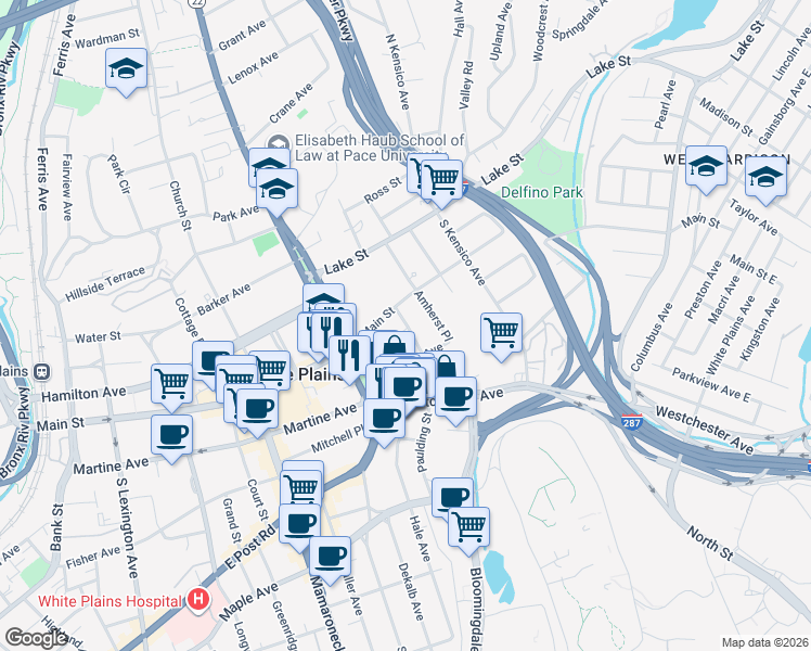 map of restaurants, bars, coffee shops, grocery stores, and more near 1 Broad Parkway in White Plains