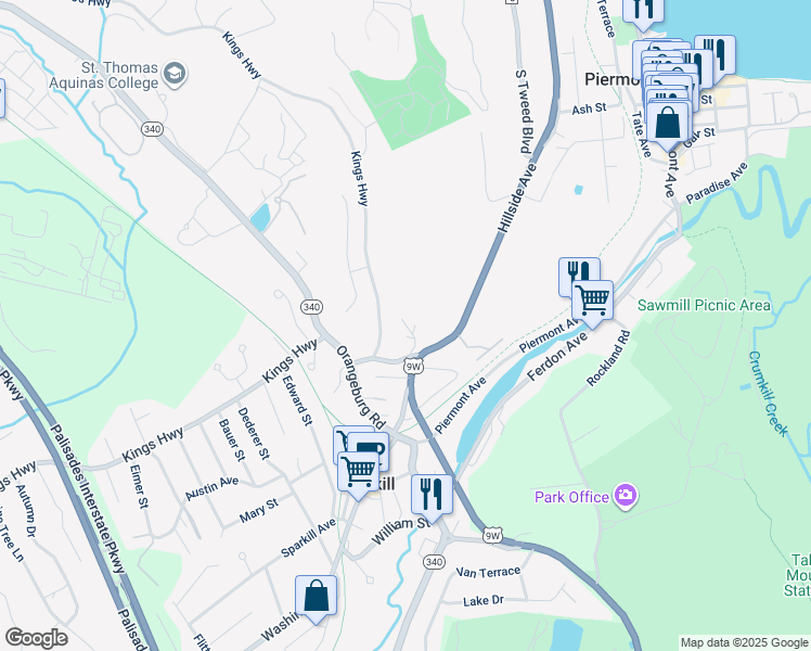 map of restaurants, bars, coffee shops, grocery stores, and more near 66 Roundtree Circle in Piermont
