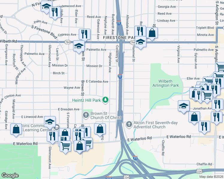 map of restaurants, bars, coffee shops, grocery stores, and more near 1748 Highview Avenue in Akron