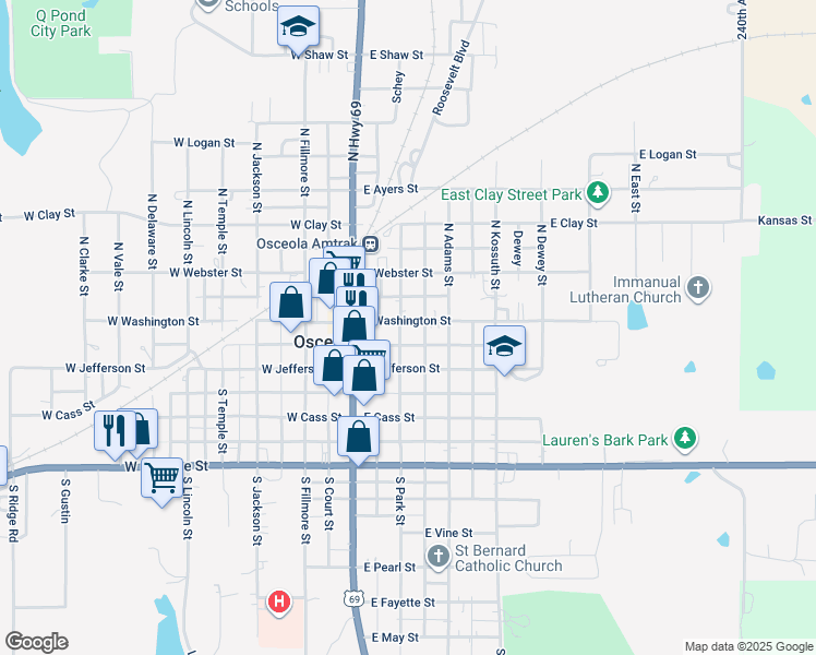 map of restaurants, bars, coffee shops, grocery stores, and more near 117 South Park Street in Osceola