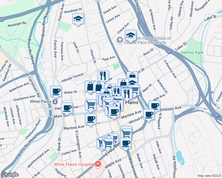 map of restaurants, bars, coffee shops, grocery stores, and more near 360 Hamilton Avenue in White Plains