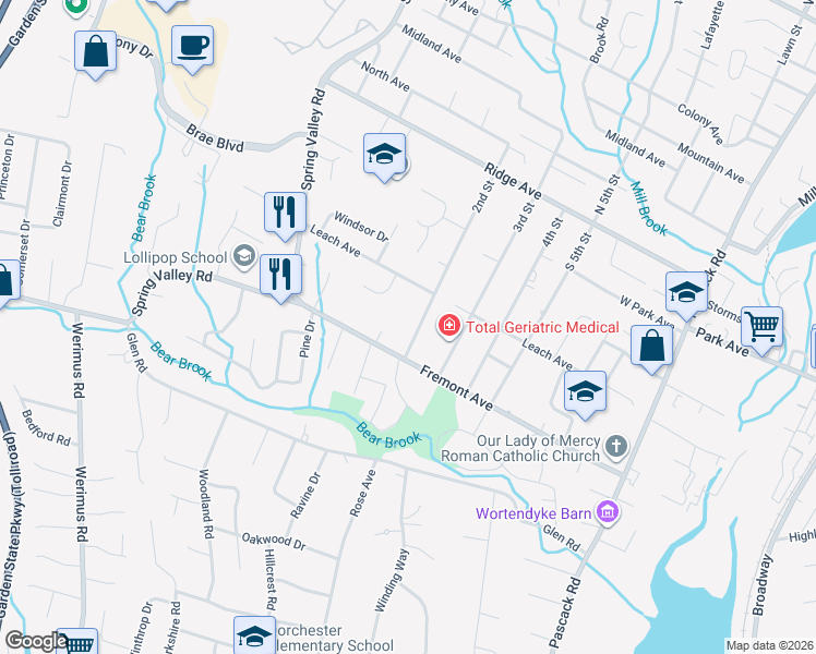map of restaurants, bars, coffee shops, grocery stores, and more near 88 2nd Street in Park Ridge