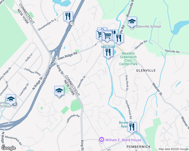 map of restaurants, bars, coffee shops, grocery stores, and more near 23 Hunt Terrace in Greenwich