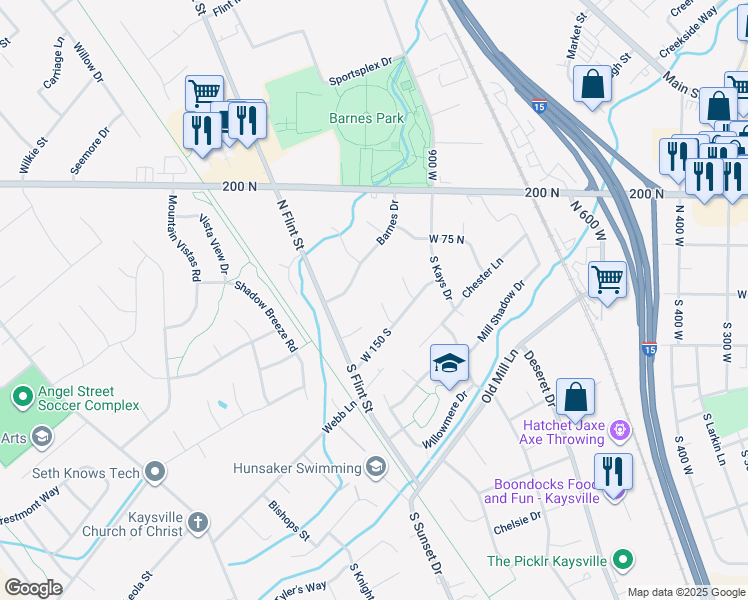 map of restaurants, bars, coffee shops, grocery stores, and more near 109 South 1025 West in Kaysville