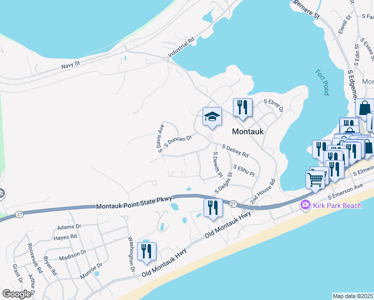 map of restaurants, bars, coffee shops, grocery stores, and more near 73 South Delrey Road in Montauk