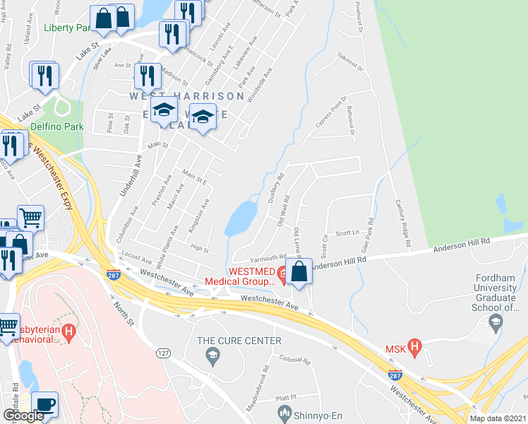 map of restaurants, bars, coffee shops, grocery stores, and more near 121 Duxbury Road in Harrison