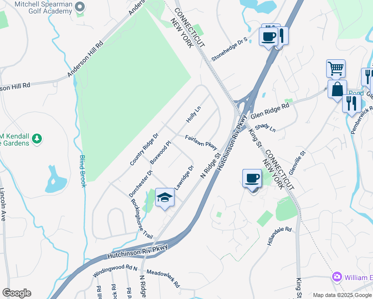 map of restaurants, bars, coffee shops, grocery stores, and more near 12 Fairlawn Parkway in Rye Brook