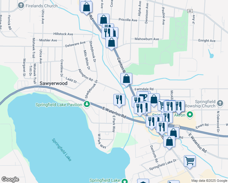 map of restaurants, bars, coffee shops, grocery stores, and more near 1200 Abington Road in Akron