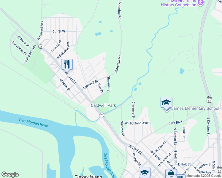 map of restaurants, bars, coffee shops, grocery stores, and more near 1413-1419 Slavens Street in Ottumwa