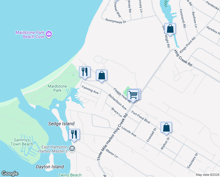 map of restaurants, bars, coffee shops, grocery stores, and more near 46 Flaggy Hole Road in East Hampton