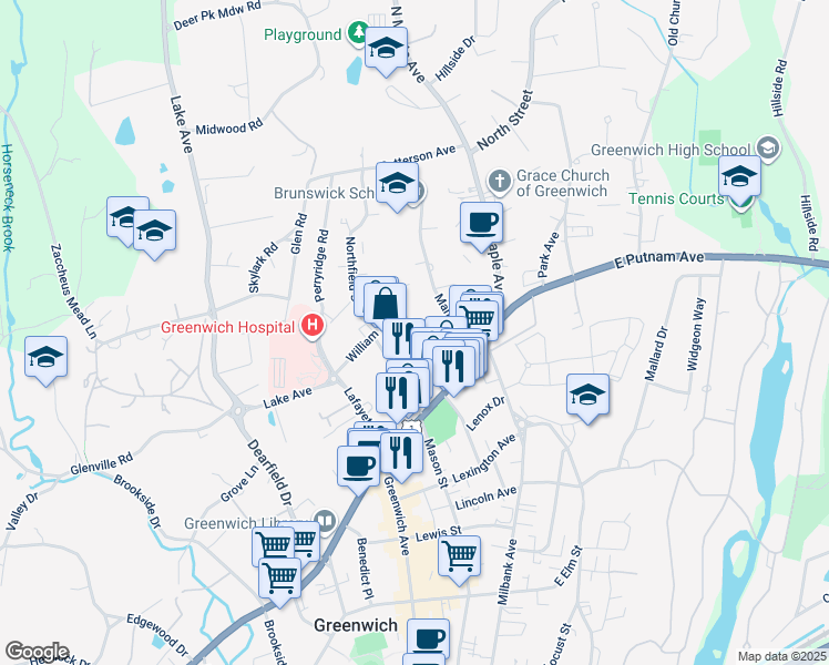 map of restaurants, bars, coffee shops, grocery stores, and more near 73 Sherwood Place in Greenwich