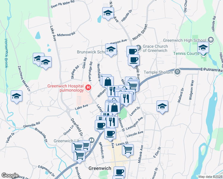 map of restaurants, bars, coffee shops, grocery stores, and more near 73 Sherwood Place in Greenwich