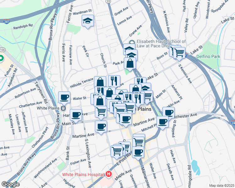 map of restaurants, bars, coffee shops, grocery stores, and more near 10 Cottage Place in White Plains