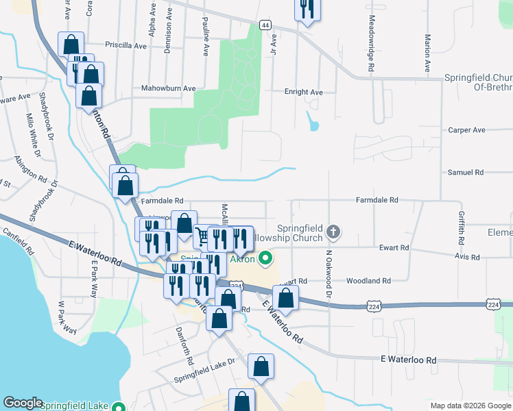 map of restaurants, bars, coffee shops, grocery stores, and more near 2877 Farmdale Road in Akron