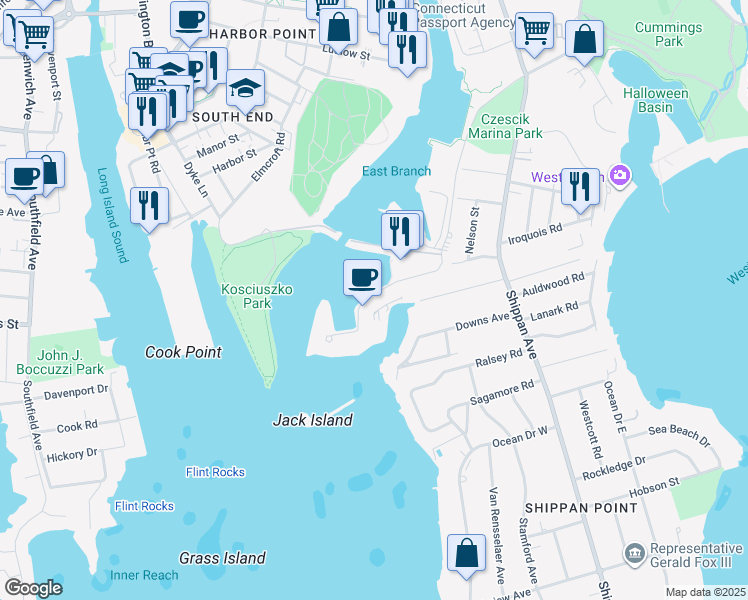 map of restaurants, bars, coffee shops, grocery stores, and more near 208 Harbor Drive in Stamford