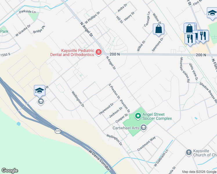 map of restaurants, bars, coffee shops, grocery stores, and more near 94 South Preston Street in Kaysville