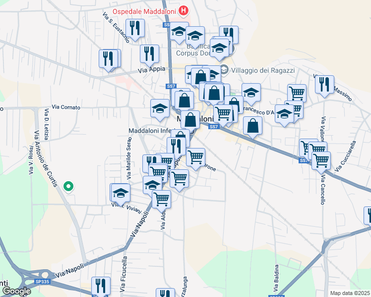 map of restaurants, bars, coffee shops, grocery stores, and more near 9 Via Napoli in Maddaloni