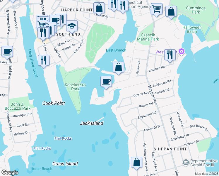 map of restaurants, bars, coffee shops, grocery stores, and more near 201 Harbor Drive in Stamford