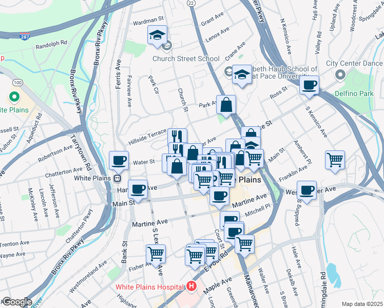 map of restaurants, bars, coffee shops, grocery stores, and more near 10 Cottage Place in White Plains