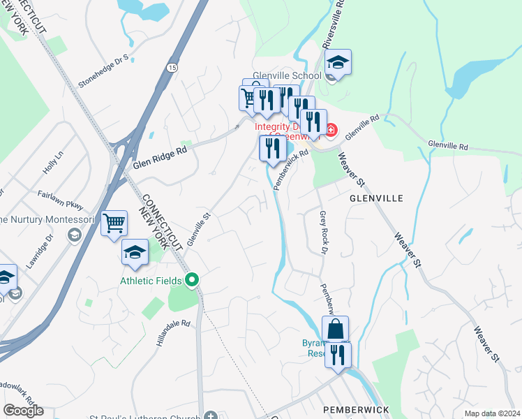 map of restaurants, bars, coffee shops, grocery stores, and more near 105 River West in Greenwich