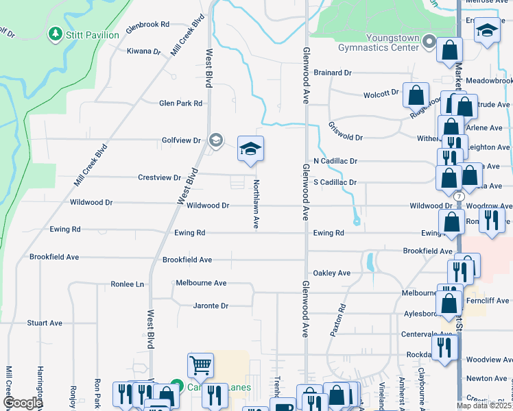 map of restaurants, bars, coffee shops, grocery stores, and more near 6299 Northlawn Avenue in Boardman