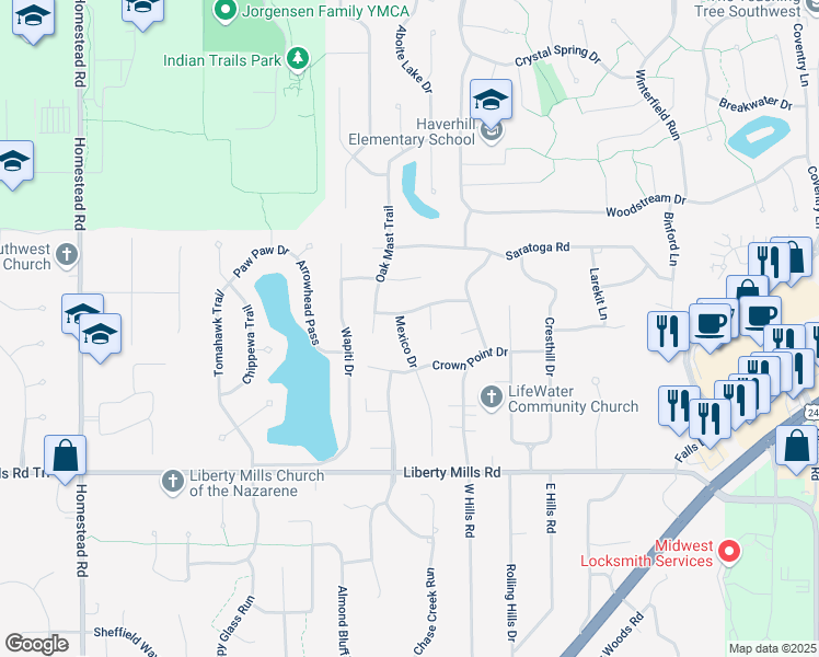 map of restaurants, bars, coffee shops, grocery stores, and more near 9910 Berkshire Lane in Fort Wayne